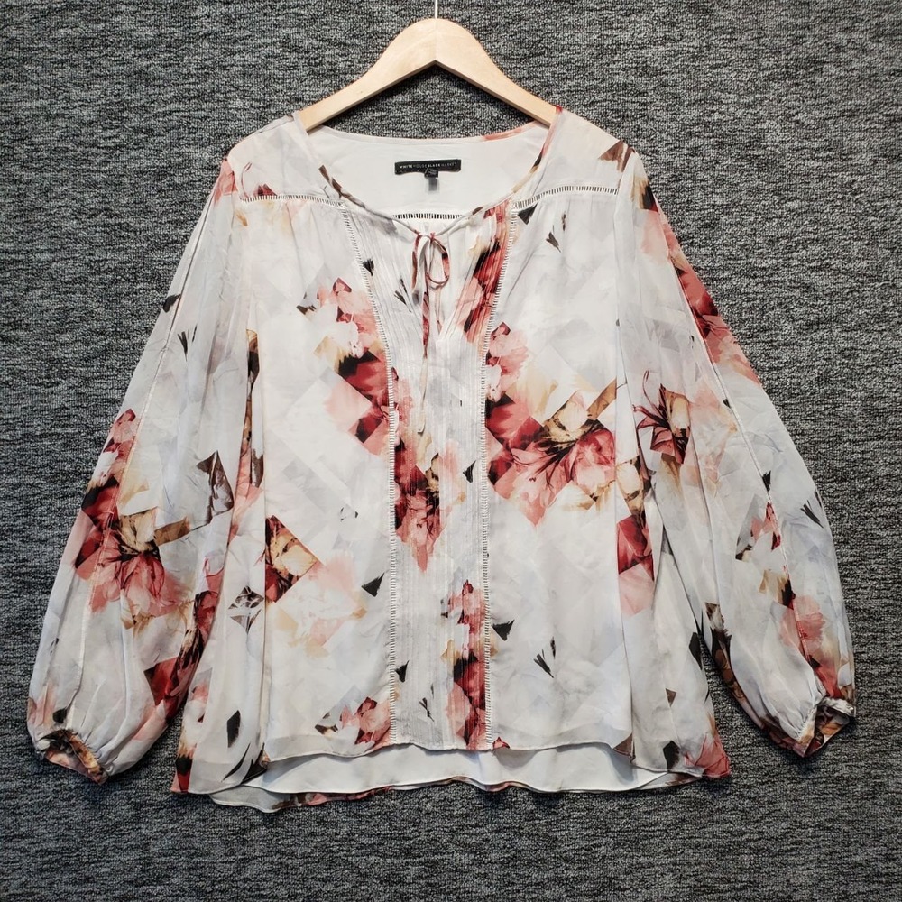 White House Black Market Blouse Women 12 White Watercolor Floral Slit Sleeve Top